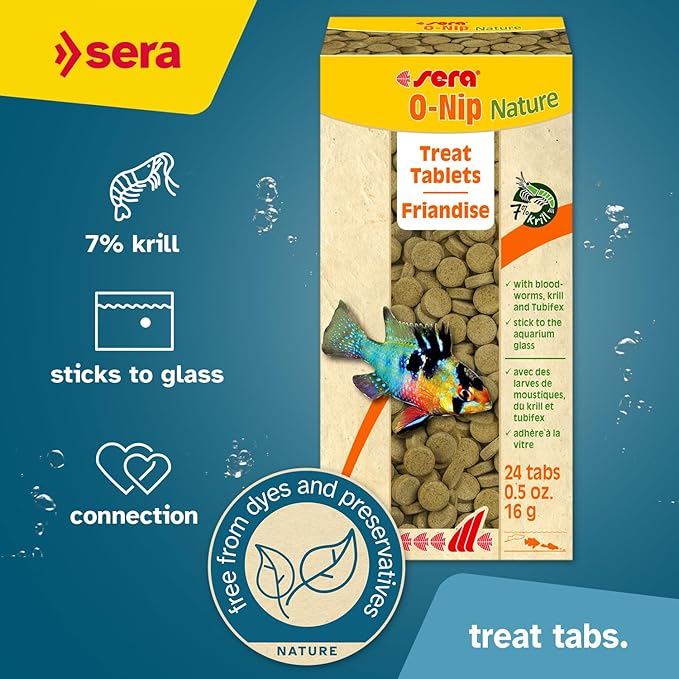 Sera O-Nip Nature 24 Tabs 0.6 oz | Complete Feed for All Ornamental Fish | Adhesive Tablets Stick to The Aquarium Glass | High Protein | No Dyes & Preservatives | with Bloodworms, Krill & Tubifex