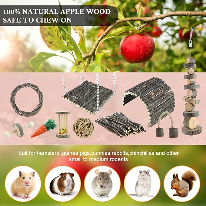 Hamster Toys Rat Toys Chinchilla Toys Hamster Chew Toys Cage Accessories Apple Wood Sticks Ladder Bell Roller for Gerbil Guinea Pigs and Other Small Animal