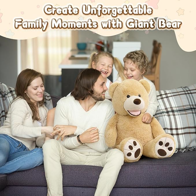 MorisMos Smiling Giant Teddy Bear, 39inch Large Stuffed Animal Bears with Big Footprints Plush, Kids Girlfriend Boyfriend Gift, Light Brown