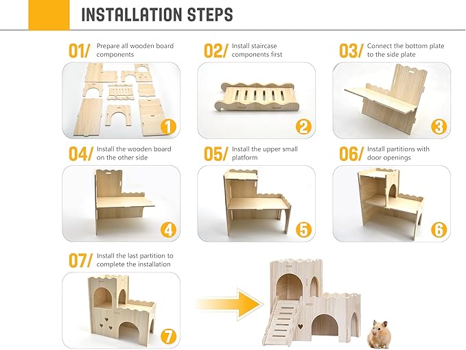 Large Wooden Hamster House Castle with Double Decker,Large Hamster, Wooden Houses,Dwarf Habitat Hideout with Climbing Ladder, Guinea Pig Castle Detachable Hideouts(D)