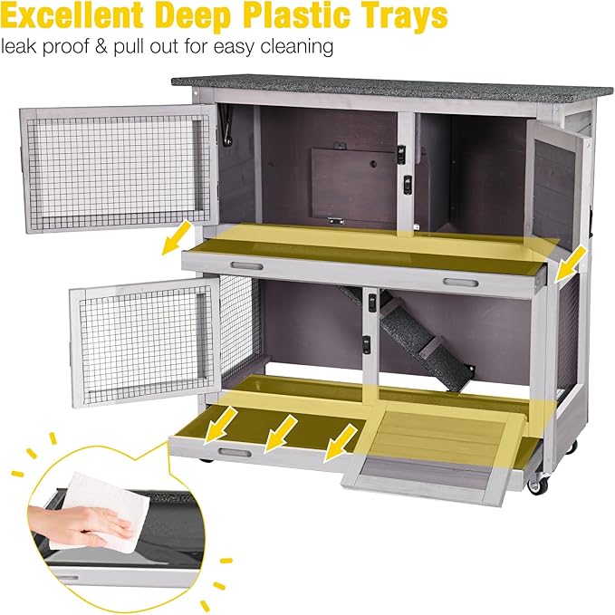 Aivituvin Rabbit Hutch Indoor Bunny Cage Outdoor 2 Story Pet House Guinea Pig Cage on Wheels 36"