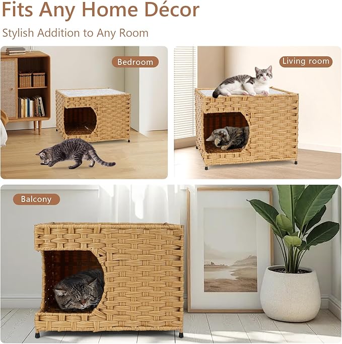 Cat House for Indoor Cats -Handwoven Rattan Cozy Kitten Cave with Double-Sided Soft Cushion, Decorative Pet Bed Furniture