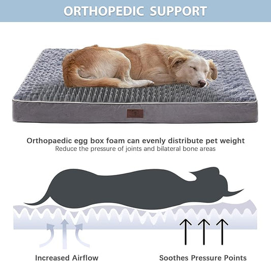 WNPETHOME Orthopedic Large Dog Bed, Large Waterproof Dog Bed with Removable Washable Cover & Anti-Slip Bottom,Egg Crate Foam Pet Bed Mat,Soft Rose Plush Pet Crate Mat