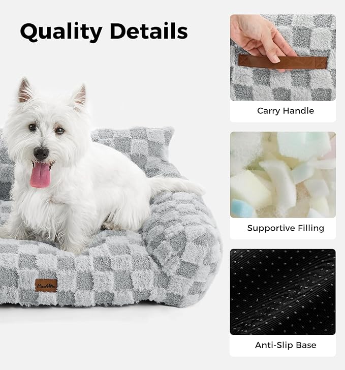 MADE 4 PETS Dog Couch Bed, Soft Faux Fur Checkered Indoor Pet Sofa, Comfortable Fluffy Dog Sofa with Supportive Foam, Removable Washable Cover with Non-Slip Base, Gray, Large