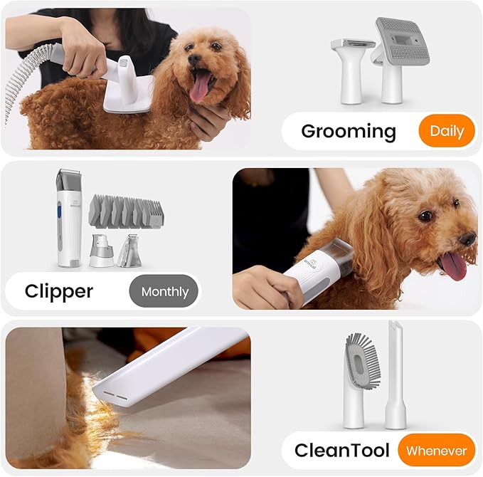 oneisall Dog Grooming Vacuum, Pet Grooming Vacuum with Clipper Nail Grinder, 1.5L Dust Cup Dog deshedding Vacuum Brush with 7 Pet Grooming Tools for Shedding Pet Hair, Home Cleaning（Grey）