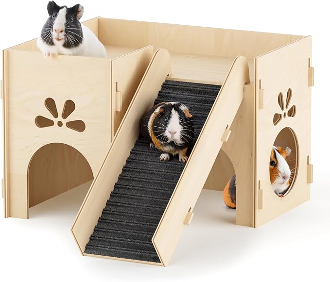 Guinea Pig Hideout House, Basic Large Wooden Hamster House with Climbing Ladder & Multi-Holes, Bunny Castle Tower Toy for Guinea Pig Chinchilla Gerbil Hedgehog Small Animal House Habitat Hut