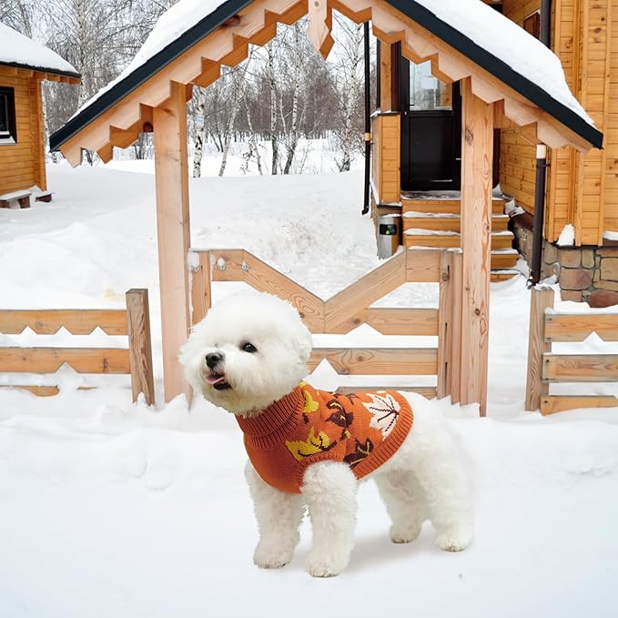 KOOLTAIL Fall Dog Sweater, Thanksgiving Dog Sweater with Autumn Maple Leaf Pattern, Cold Weather Pet Knitted Winter Coats Clothes Turtleneck Pullover for Small Medium Large Dogs Cat Boy Girl, Orange M