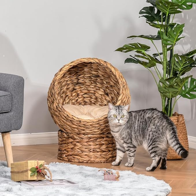 Merax Handwoven Wicker Cat Bed - Elevated Egg Chair Design with Soft Cushion & Stand, Raised Basket Bed for Indoor Cats, 23.5 Inch Height, Supports Up to 8 Lbs
