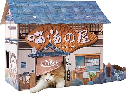 Cat Beds for Indoor Cats, Cardboard Cat House with Scratchers, Onsen Hotel, Large Sturdy Cat Furniture Condo Cave Tent, Easy to Assemble Pet Toys Accessories Stuffs, Bunny Small Animals