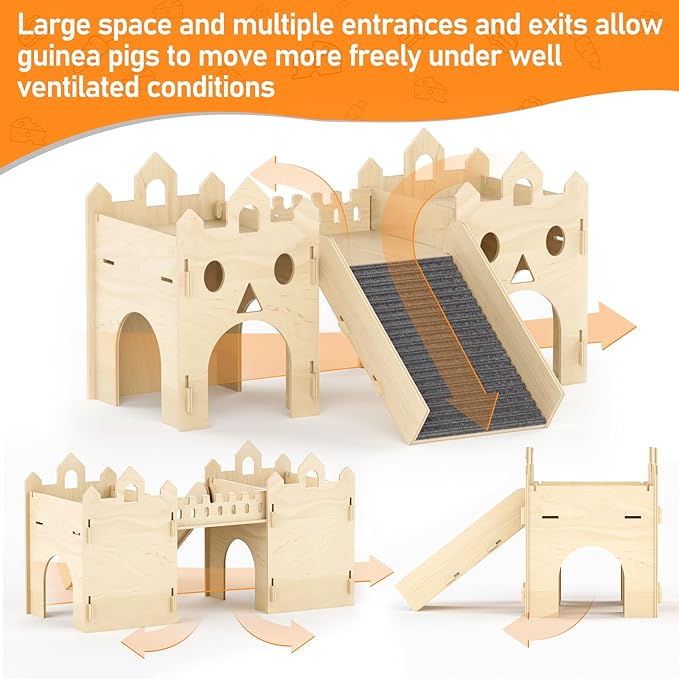 Guinea Pig Hideout House, Advanced Wooden Hamster House with Climbing Ladder & Multi-Holes, Bunny Castle Tower Toy for Guinea Pig Chinchilla Gerbil Hedgehog Small Animal House Habitat Hut ﻿