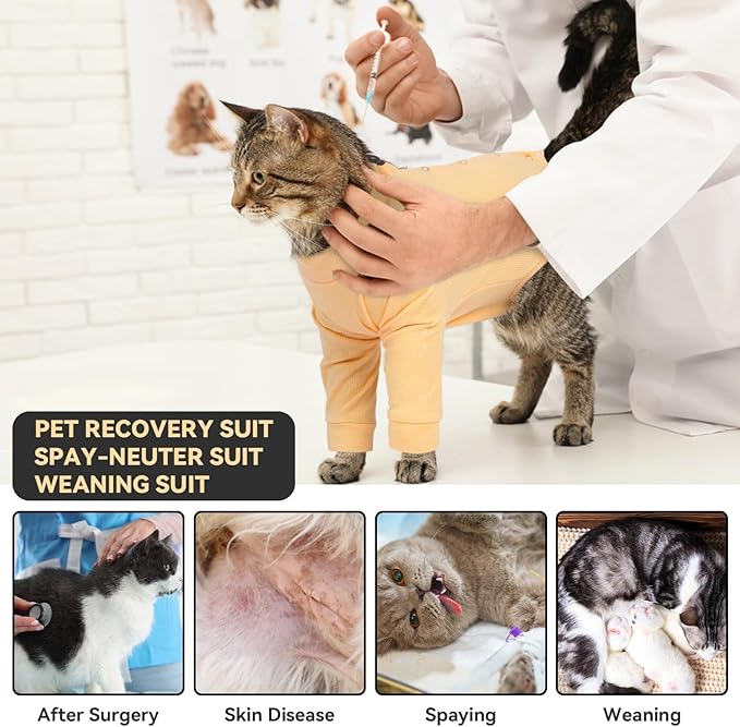 T'CHAQUE Cat Surgery Recovery Suit, Anti-Licking Onesie for Post-Spay/Neuter Abdominal Wound, Cat Recovery Suit with Adjustable Drawstring Collar - Long Sleeve Kitten Surgical Onesie, Orange, M