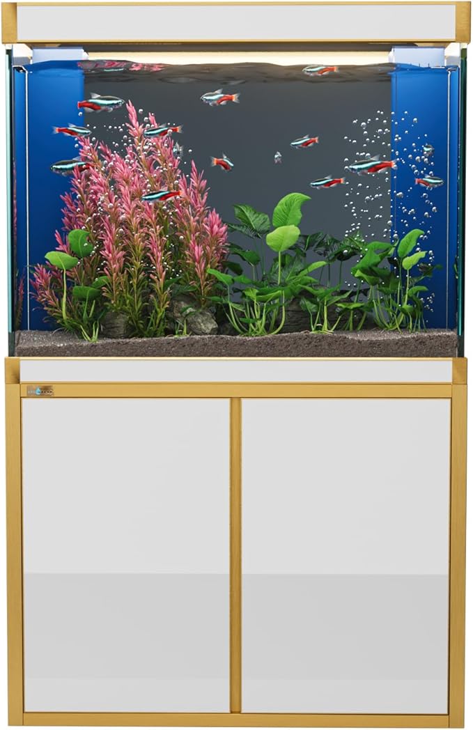 100 Gallon Aquarium Fish Tank with Upright Fishtank Stand Water Pump Freshwater Filter LED Bundle and Straight Corners Clear Glass - White with Gold Trims