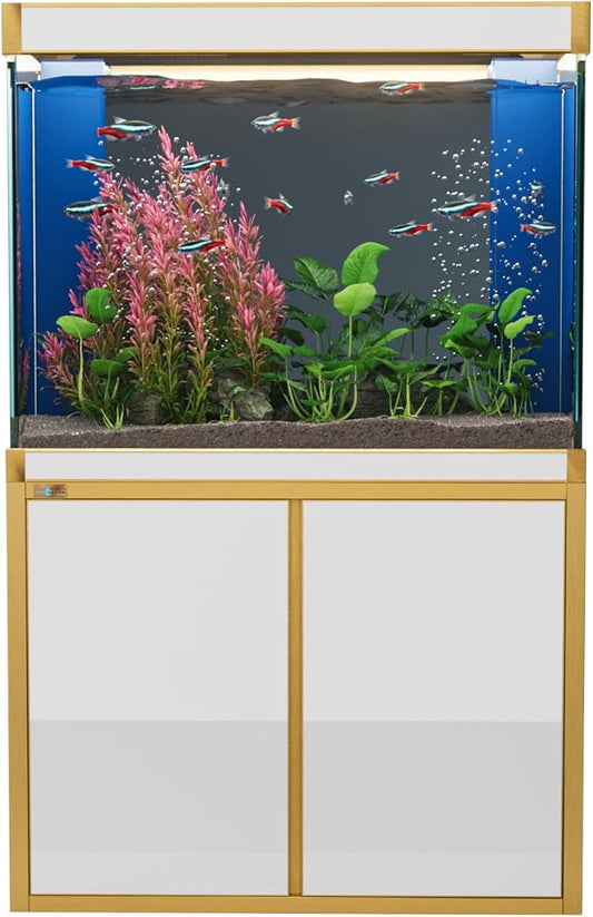 100 Gallon Aquarium Fish Tank with Upright Fishtank Stand Water Pump Freshwater Filter LED Bundle and Straight Corners Clear Glass - White with Gold Trims