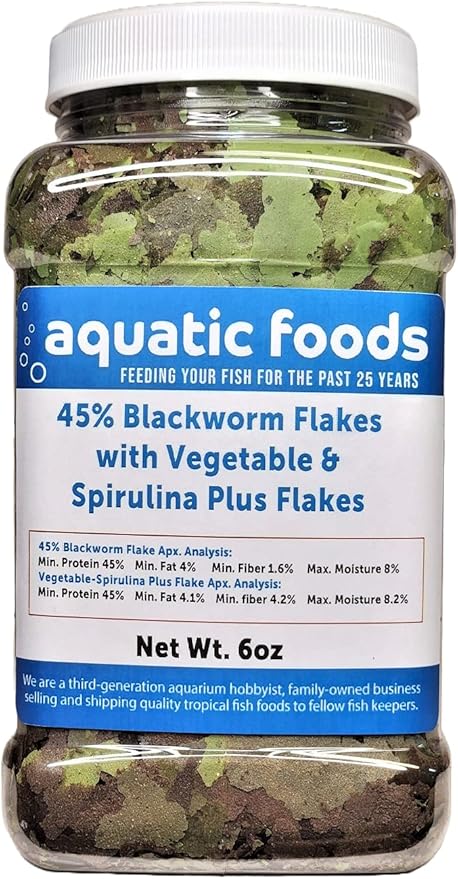 Aquatic Foods Inc. 45% Blackworm & Vegetable-Spirulina Flake Mix for Cichlids, Discus, for All Community Tropical Fish. Aquatic Foods Flakes …6oz Med Jar