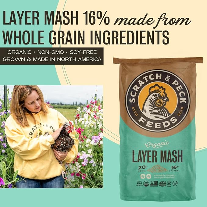 Scratch and Peck Feeds Whole Grain Layer Mash Chicken and Duck Feed - 25 lbs Bag - Corn-Free and Soy-Free - 16% Protein, Certified Organic and Non-GMO Project Verified Chicken Food