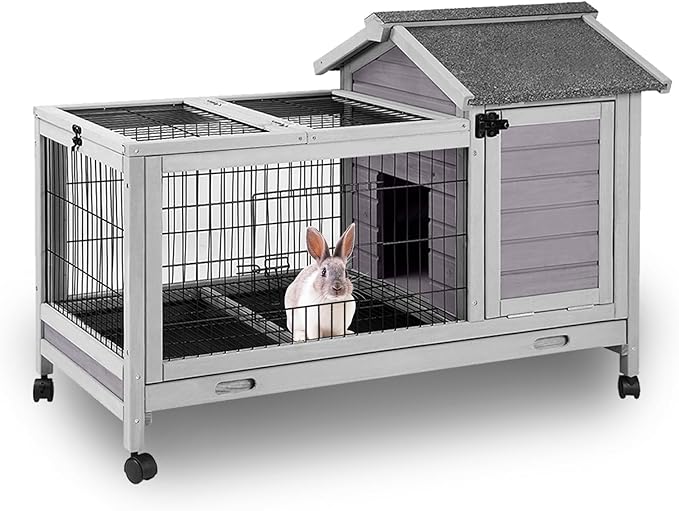 GUTINNEEN Rabbit Hutch Indoor Bunny Cage Outdoor Wooden Guinea Pig Cage Bunny House with Removable Metal Wire Floor, Lockable Caster Wheels, Leakproof Plastic Tray for 1-2 Rabbits, Small Animals
