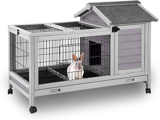 GUTINNEEN Rabbit Hutch Indoor Bunny Cage Outdoor Wooden Guinea Pig Cage Bunny House with Removable Metal Wire Floor, Lockable Caster Wheels, Leakproof Plastic Tray for 1-2 Rabbits, Small Animals