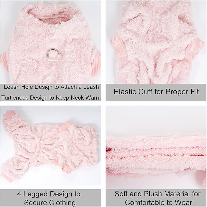 Plush Dog Pajamas for for Small Dogs Cats, Dog Sweater with Leash Ring Ultra Soft Warm Pet Clothes Puppy Onesie Outfits Doggy Pjs Jumpsuit for Winter Christmas (Pink, Large)