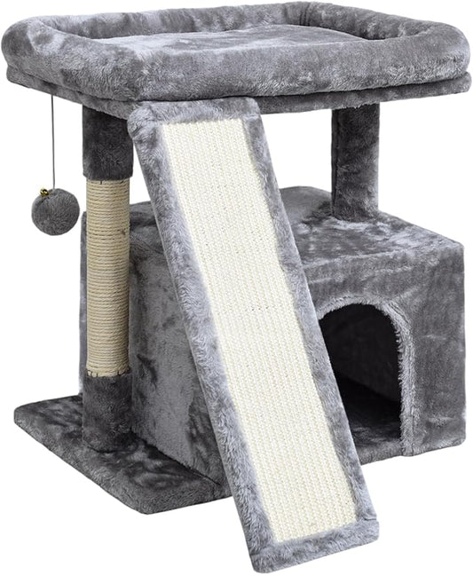 Small Cat Tree for Indoor Cats，Cat Tower with Scratching Post and Board，Cat House with Perch for Kitten, Stable Condo and Stand (Light Grey)