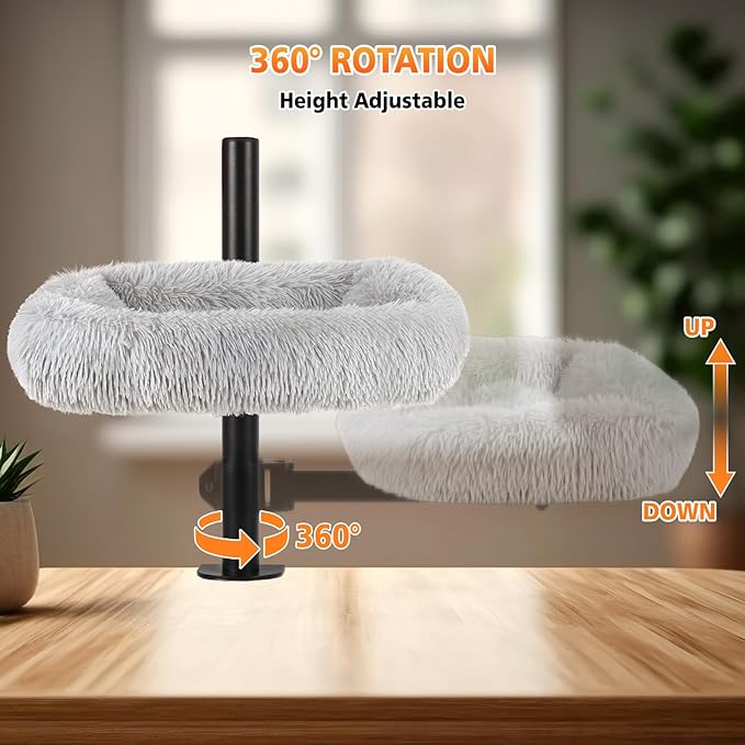 Large Cat Desk Bed - 360°Rotating Height Adjustable, Soft Removable Cat Hammock Bed, Suitable for Gaming Desks and Office Desks, Maximum Weight Capacity Up to 35 lbs