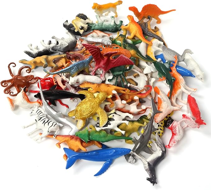 60 Pcs Assorted Dinosaur, Ocean, Sea, Farm, Jungle, Wild Animals & Dinosaurs Figure Realistic Plastic Zoo Play Set - Small Toys for Kids, Cupcake Topper, Party Favors