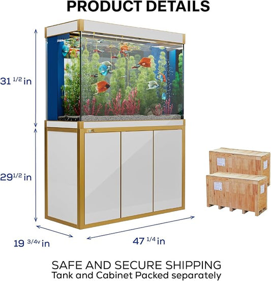 135 Gallon Aquarium Fish Tank with Upright Fishtank Stand Water Pump Freshwater Filter LED Bundle and Straight Corners Clear Glass - White with Gold Trims