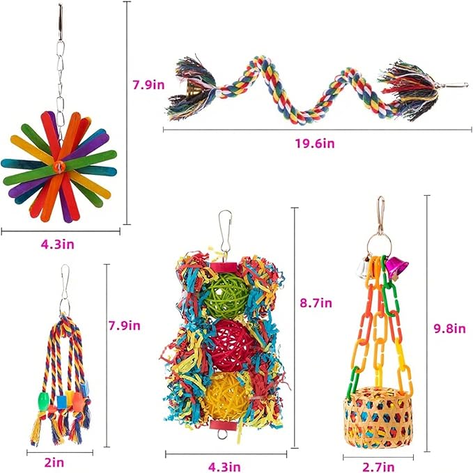 5-Piece Natural Bird Cage Accessories Set - Bamboo Shredding Foraging Toys, Cotton Rope Perch & Wooden Stand for Parrots, Parakeets, Cockatiels, Conures, Lovebirds