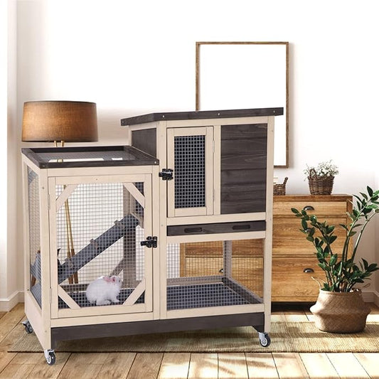 Rabbit Hutch Cage Outdoor and Indoor Bunny Hutch on Wheels with Two Deeper No Leak Trays, Guinea Pig Cages Rabbit House (Coffee Color)