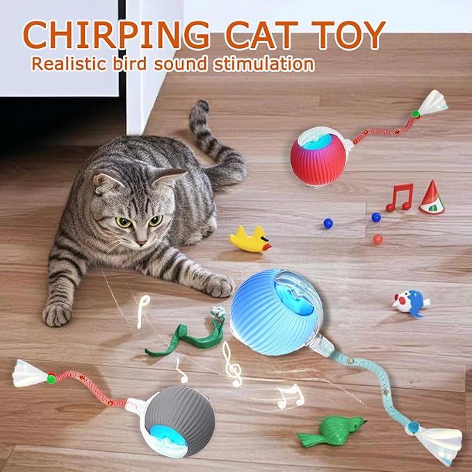 2 Pcs Interactive Cat Toys for Indoor Cats,Kitten Toys with Chirping & Motion Activate,Interactive Cat Toy for Bored Indoor Adult Cats,Red and Blue