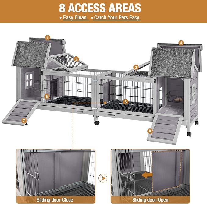 GUTINNEEN Rabbit Hutch Indoor Outdoor Bunny Cage Upgrade Large Space for Rabbit,Guinea Pig,Bunny and Other Small Animals,On Wheels Move Easily.