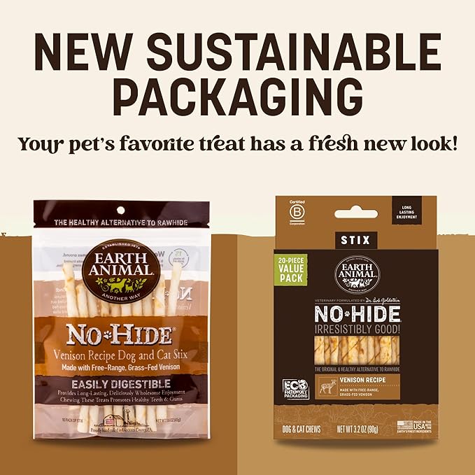 Earth Animal No Hide Stix Venison Flavored Natural Rawhide Free Dog Chews Long Lasting Chew Sticks | Treats for Small Dogs and Cats | Great for Aggressive Chewers - 30 Count