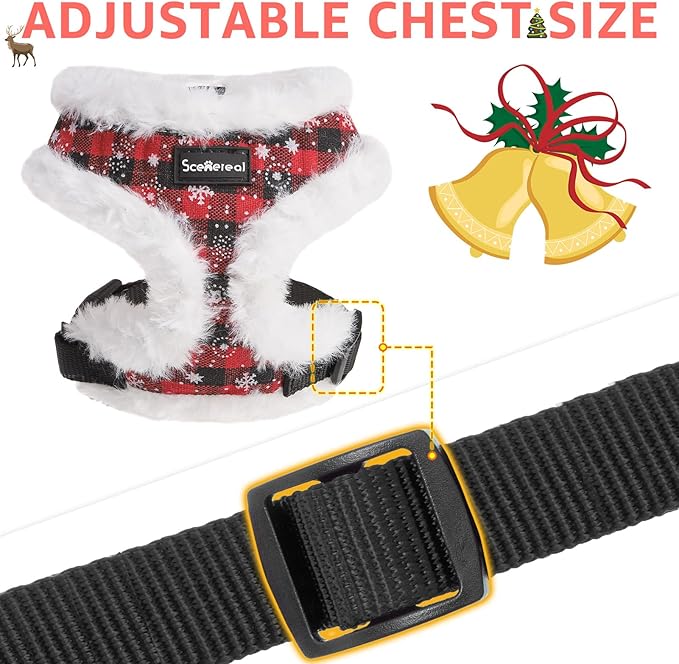 SCENEREAL Dog Christmas Harness Collar and Leash Set, Warm Fleece No Pull Puppy Vest Harnesses No Chock Adjustible Step in Small Pet Halter for Outdoor Walking Training, Black Red Plaid S
