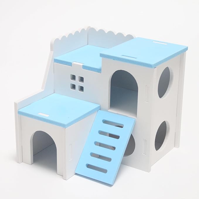 Blue Wooden Hamster Maze & Double-Decker Hut with Fun Slide - for Dwarf Hamsters, Mice, Gerbils, All Small Pets