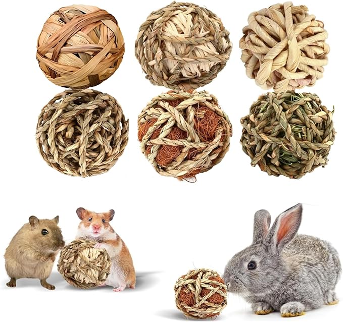 William Craft 2.9 Inch Bunny Chew Grass Balls, 6 Pcs Rolling Chew Toys for Small Animals, Natural Chew Grass Toys and Bunny Treats for Rabbits, Guinea Pigs, Chinchillas, Hamsters, Mice Teeth Grinding