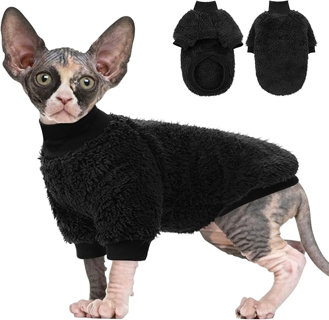 SUNFURA Sphynx Cat Sweater, Hairless Cats Turtleneck Pullover Kitten Sweaters for Cats Only, Warm and Soft Cat Pajamas Shirt with Sleeves Pet Winter Clothes Fleece Jumpsuit for Puppy, Black M