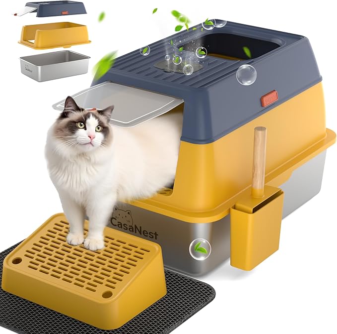 XL Extra Large Stainless Steel Cat Litter Box with Lid, 3-in-1 Enclosed/Open, Durable Metal Litter Box for Big, Multi Cats, Non-Stick, Odor Control, Easy Cleaning, Durable ABS Lid, Yellow