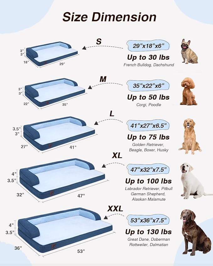 KSIIA Washable Dog Bed Large Sized Dog U-Shaped Bolster Pet Couch with Removable Waterproof Cover, Non-Slip Bottom and Egg-Crate Orthopedic Foam Pet Bed, 41 x 27 Inch, Blue