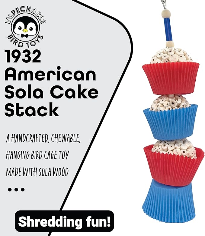 1932 American Sola Cake Stack Bird Toy with Sola Wood Paper Cups Beads and Bell for Chewing Fun, Handcrafted for Conures Quakers and Other Medium Pet Birds