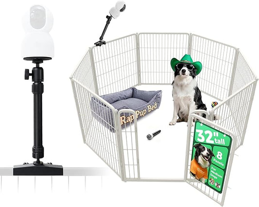 FXW Homeplus Unleashed Indoor Dog Playpen - Stress-Free and Safe Play, Heavy Duty 32 Inch 8 Panels with Playpen Camera Mount for Small and Medium Dogs, White│Patented
