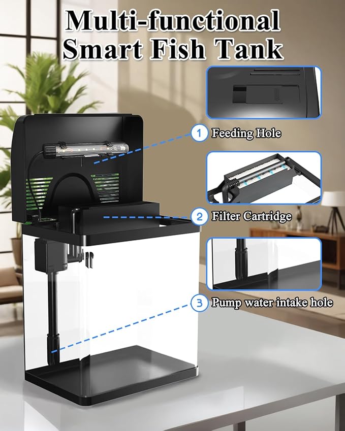 Small Fish Tank Aquarium Kit, HD Glass Betta Fish Tank with 3-in-1 Silent Water Pump Filter System, Self Cleaning Aquarium Starter Kit with LED Light Suitable for Small Fish or Shrimp