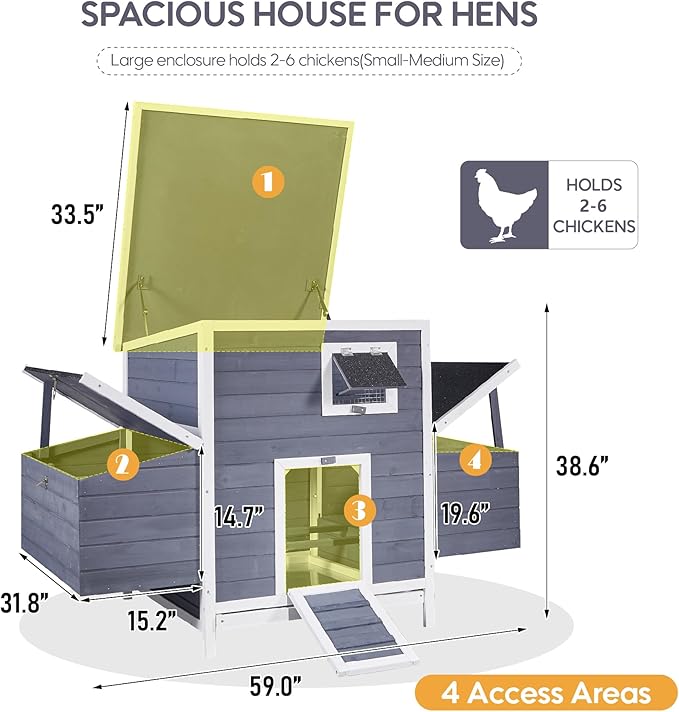 59" Chicken Coop for 2-6 Chickens, Wooden Chicken House with 2 Nesting Boxes, Outdoor Hen House Poultry House Pet Hutch Chicken Cage with Openable Roof & Ramp, 59''L*33.5''W*38.6''H