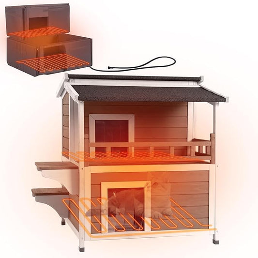 GUTINNEEN Heated Cat House for Outside, 2-Story Wooden Cat House Weatherproof for Winter Outdoor Feral Cat Shelter with Heater and Insulated Liner, Brown