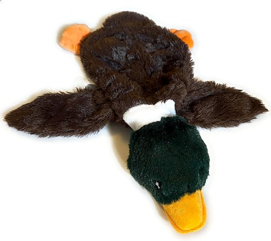 Plush Duck Dog Toy, Stuffless Design with Squeaker, Brown and Green