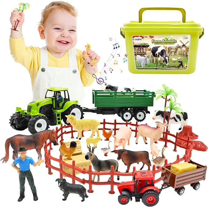 Farm Animal with 2 Tractors Toy, Realistic Plastic Farm Figures Including One Large Musical Truck with Sound Effects Farmer Fence Storage Box Christmas Birthday Easter Gift for Kids 3-8