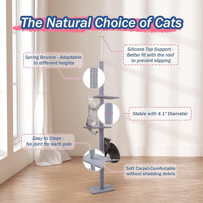 Max & Marlow Cat Tree Floor to Ceiling Cat Tower Height 95-108" Adjustable Kitten Tree Tall Climbing Tree with Carpet Scratching Post and Mat Cat Pole for Indoor Cats,Light Grey