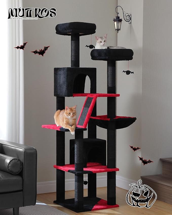 Gothic Cat Tree for Large Cats, 70.9" Tall Black Cat Tower with Coffin Bed, Cat Condo, Sisal Scratching Posts & Top Perch, Spider Hanging Ball, Multi-Level Spooky Cat Tree, Halloween, Black