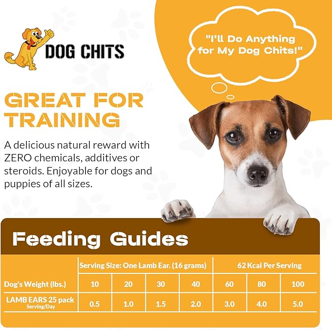 Dog Chits Lamb Ears Dog and Puppy Treats - All Natural Grain and Chemical Free Training Chews - High Protein and Low Fat - Supports Dental Health - Made in The USA - 25 Pack