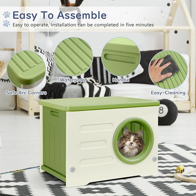 Plastic Cat House for Outdoor Indoor Use, Stackable Feral Cat Shelter Indoor Cat House Weatherproof Waterproof Elevated, with 2-Sided Cushion (Green)