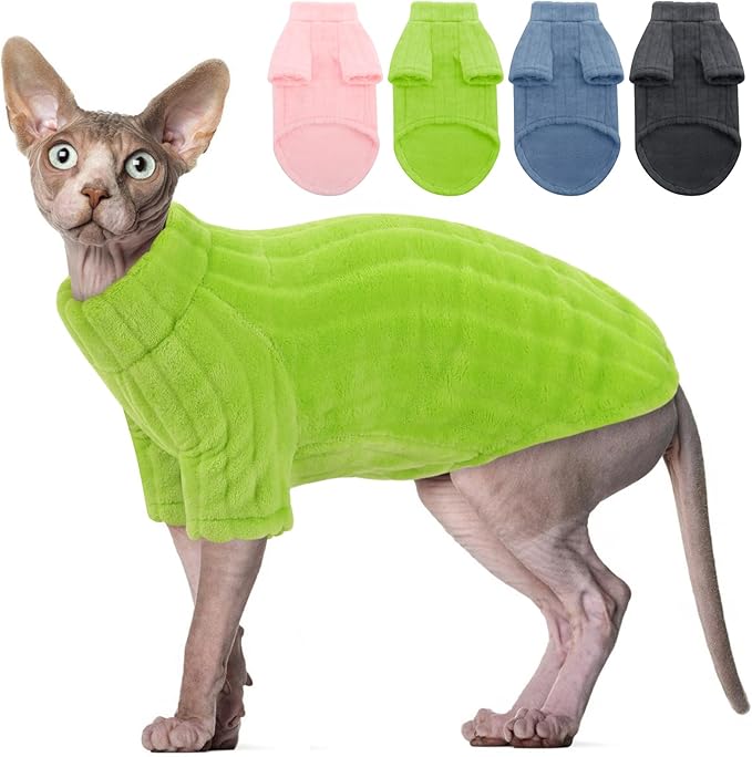 SUNFURA Sweaters for Cats, Hairless Sphynx Sweater Kitten Pullover with Sleeves, Warm and Soft Cat Pajamas Fleece Sweatshirt Jumpsuit, Turtleneck Clothes for Fall Winter, Green S