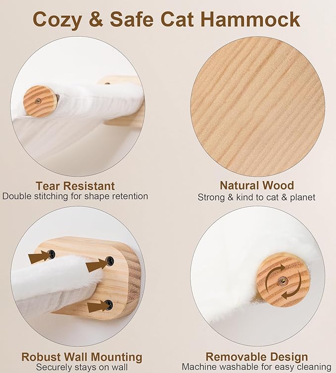 Cat Wall Hammock Set of 3, Wall Shelves with 1 Floating Fabric Hammock, 2 Cat Ladders with 4 Steps Each, Wall Mounted Bed Furniture & Climber for Large Cats